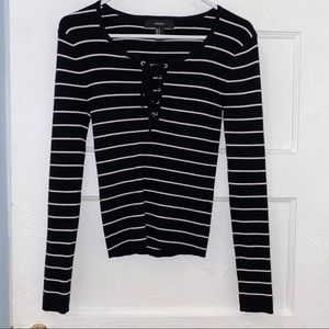 Forever 21 Black and white striped lace-up top